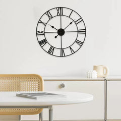 Large Vintage Black Metal Wall Clock | Round Silent Clock with Roman Numerals