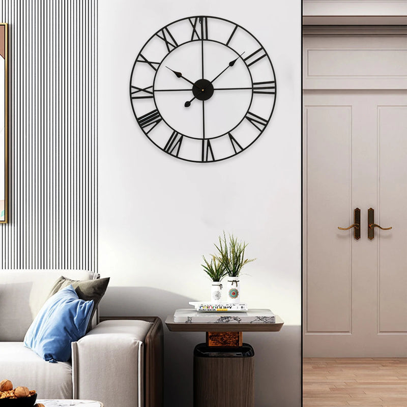 Large Vintage Black Metal Wall Clock | Round Silent Clock with Roman Numerals