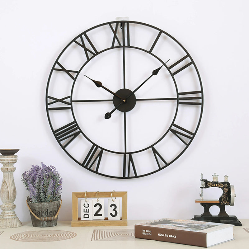 Large Vintage Black Metal Wall Clock | Round Silent Clock with Roman Numerals