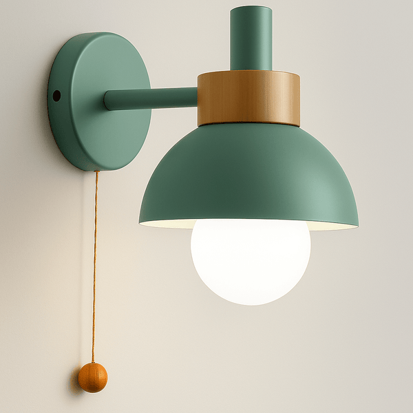 Wandlamp – Houten en ijzeren constructie – Met trekschakelaar, Macaron-stijl