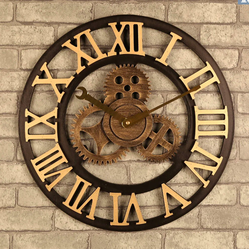 Gear Large Wall Clock | Modern Vintage Wooden Design | Silent Quartz Mechanism