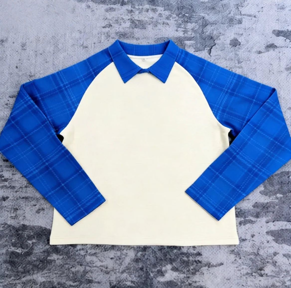 Luxe zware T-shirt met op maat gemaakte ruitprint, wafelstructuur, lange mouwen, 100% katoen, voor heren