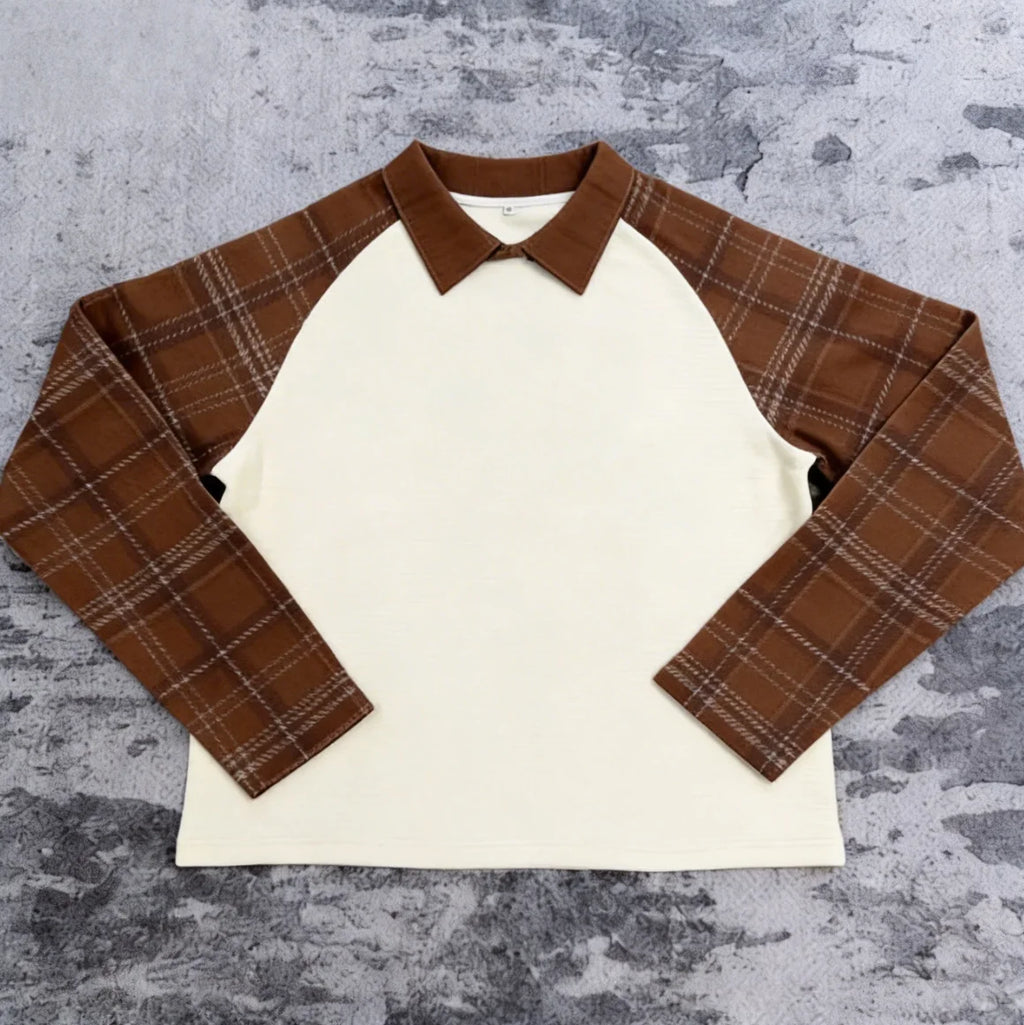 Luxe zware T-shirt met op maat gemaakte ruitprint, wafelstructuur, lange mouwen, 100% katoen, voor heren