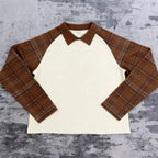 Luxe zware T-shirt met op maat gemaakte ruitprint, wafelstructuur, lange mouwen, 100% katoen, voor heren