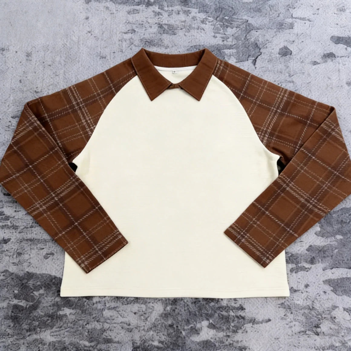 Luxe zware T-shirt met op maat gemaakte ruitprint, wafelstructuur, lange mouwen, 100% katoen, voor heren