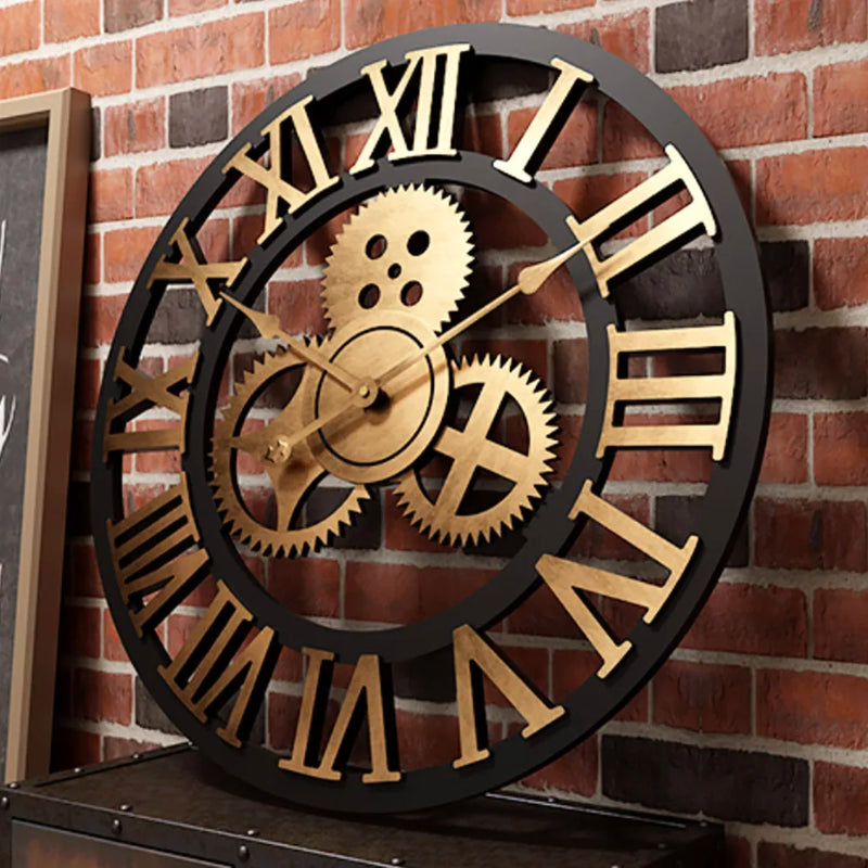 Gear Large Wall Clock | Modern Vintage Wooden Design | Silent Quartz Mechanism