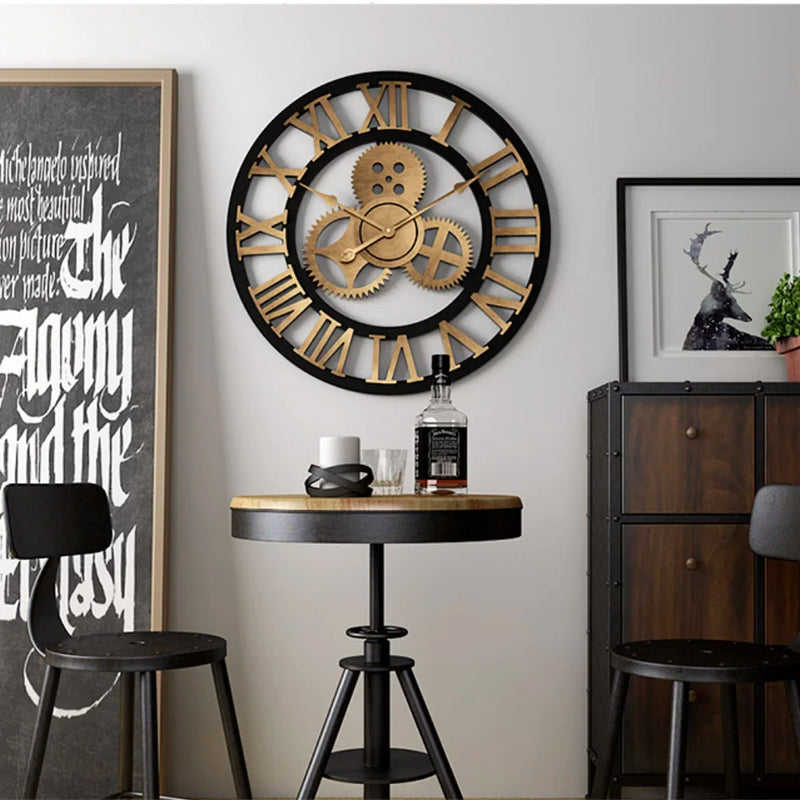 Gear Large Wall Clock | Modern Vintage Wooden Design | Silent Quartz Mechanism