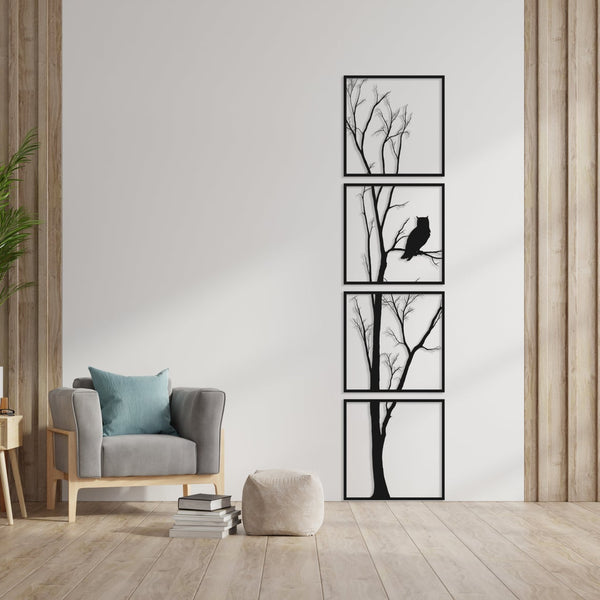 Metalen wanddecoratie | Boom en Uil | Duurzaam ontwerp voor interieurdecoratie