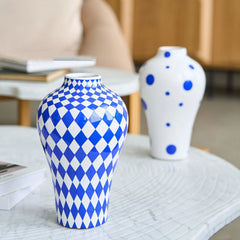 Keramische Vaas Blauw Geometrisch Patroon | Bloemenvaas met Polka Dots voor Thuisdecoratie