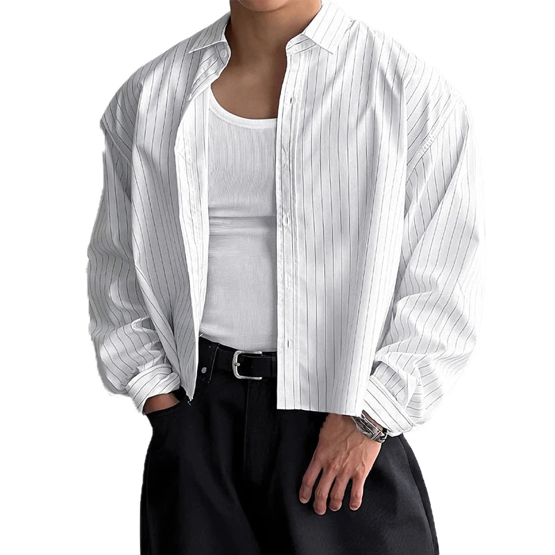 Nieuwe Britse Retro Mannen Gestreepte Shirts Trendy Losse Revers Vest Met Lange Mouwen Tops Herfst Vrije Tijd Hoge Kwaliteit Basic Blouse S-2XL