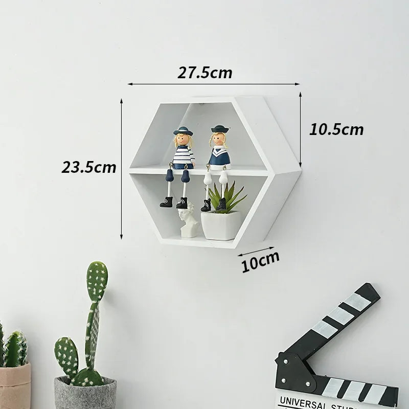 Nordic Style Wooden Hexagonal Wall Shelf - POUEV