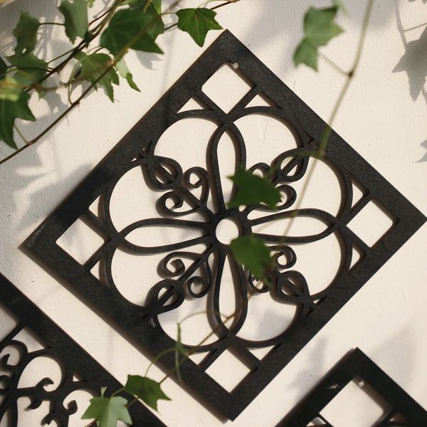4Pcs Black Wooden Hollow Wall Decor | Boho Carved Designs in Hexagon & Square Shapes