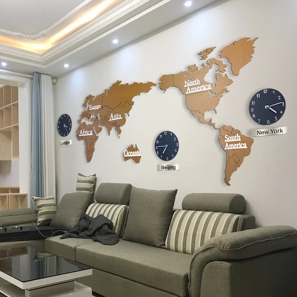 Nordic Wooden World Map Wall Clock | Silent Large Decorative Clock - POUEV