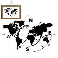 Metal World Map Wall Art | Compass Design Wall Decor