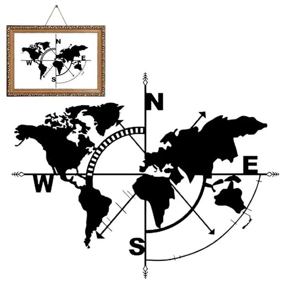 Metal World Map Wall Art | Compass Design Wall Decor