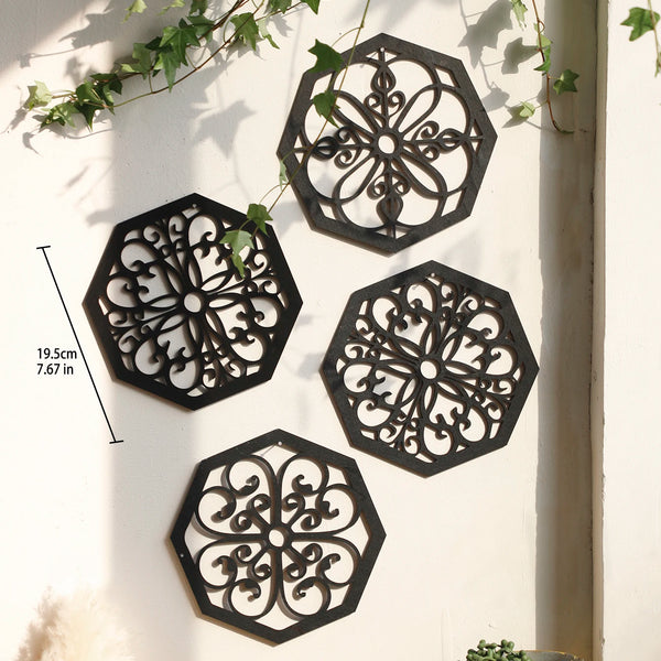 4Pcs Black Wooden Hollow Wall Decor | Boho Carved Designs in Hexagon & Square Shapes