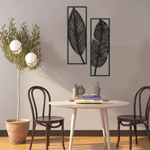 Decorative Leaves Metal Wall Art: Set of 2 | Black Metal Hanging Leaves | Elegant Iron Art