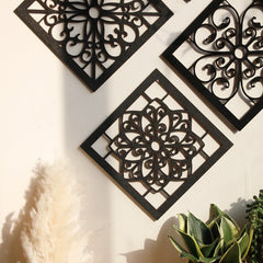 4Pcs Black Wooden Hollow Wall Decor | Boho Carved Designs in Hexagon & Square Shapes