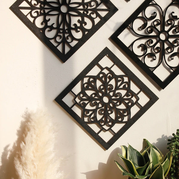 4Pcs Black Wooden Hollow Wall Decor | Boho Carved Designs in Hexagon & Square Shapes