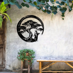 Japanese Bonsai Tree Metal Wall Art | 15.7x15.7 Tori Gate Enso Cutout
