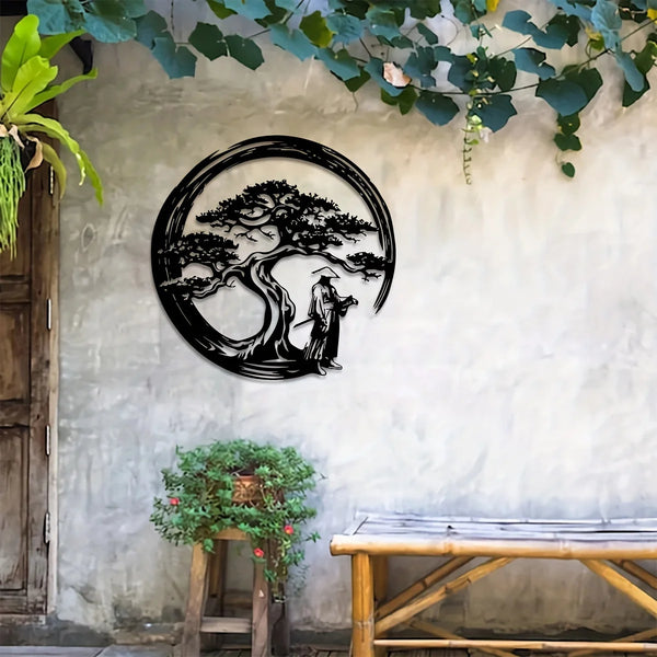 Japanese Bonsai Tree Metal Wall Art | 15.7x15.7 Tori Gate Enso Cutout