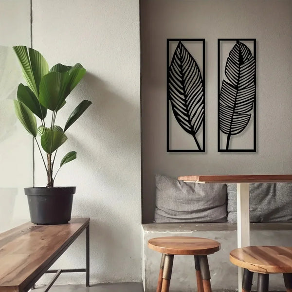 Decorative Leaves Metal Wall Art: Set of 2 | Black Metal Hanging Leaves | Elegant Iron Art