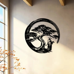 Japanese Bonsai Tree Metal Wall Art | 15.7x15.7 Tori Gate Enso Cutout