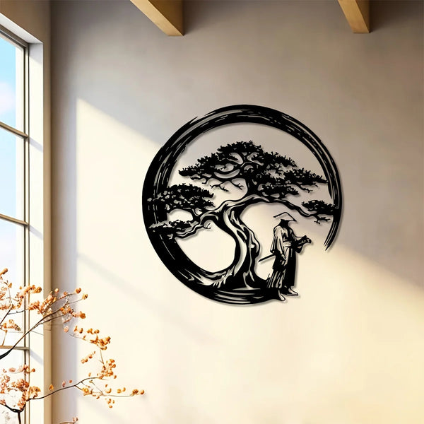 Japanese Bonsai Tree Metal Wall Art | 15.7x15.7 Tori Gate Enso Cutout