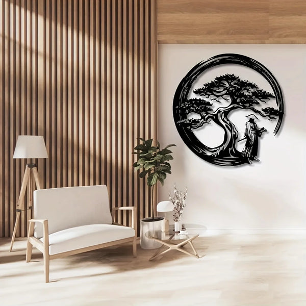 Japanese Bonsai Tree Metal Wall Art | 15.7x15.7 Tori Gate Enso Cutout