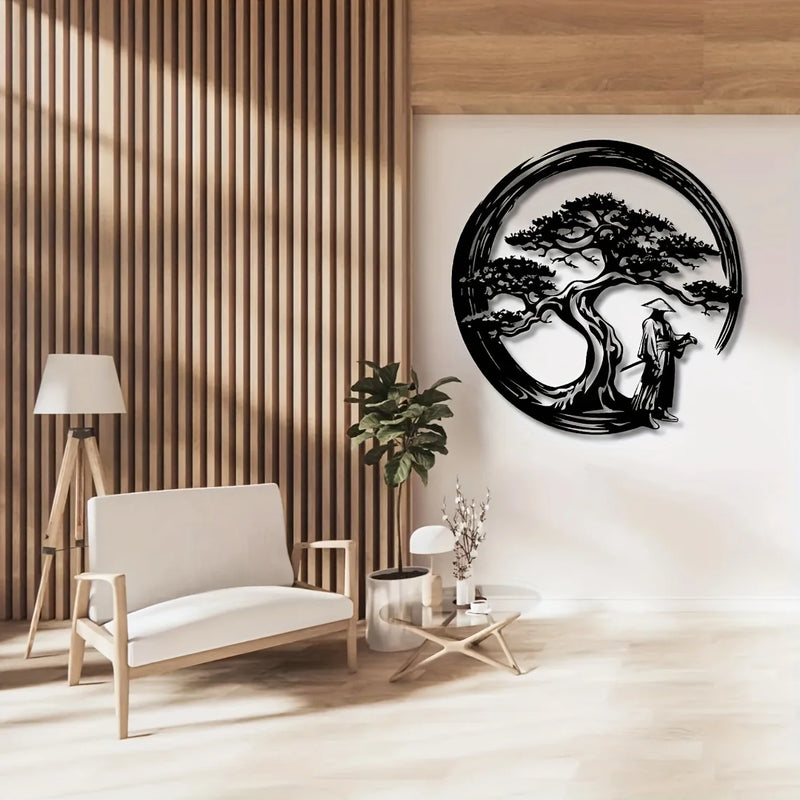 Japanese Bonsai Tree Metal Wall Art | 15.7x15.7 Tori Gate Enso Cutout