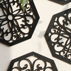 4Pcs Black Wooden Hollow Wall Decor | Boho Carved Designs in Hexagon & Square Shapes