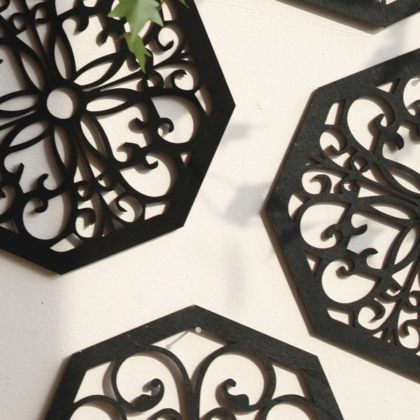4Pcs Black Wooden Hollow Wall Decor | Boho Carved Designs in Hexagon & Square Shapes