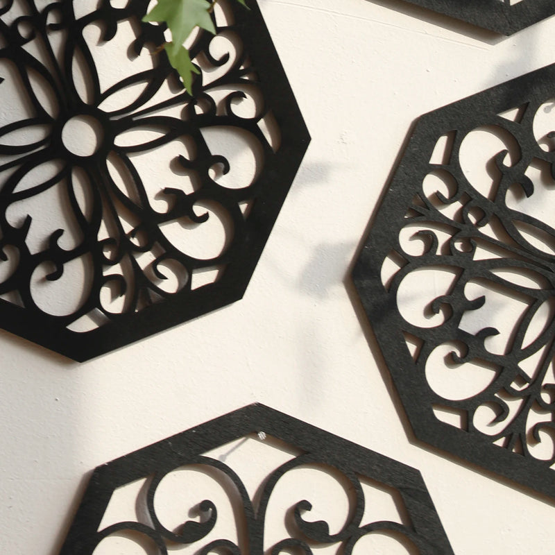 4Pcs Black Wooden Hollow Wall Decor | Boho Carved Designs in Hexagon & Square Shapes