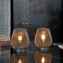 Set of 2 Metal Cage Table Lamp | Vintage Battery Operated LED Lantern - POUEV