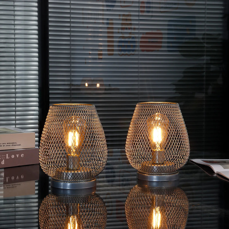 Set of 2 Metal Cage Table Lamp | Vintage Battery Operated LED Lantern - POUEV