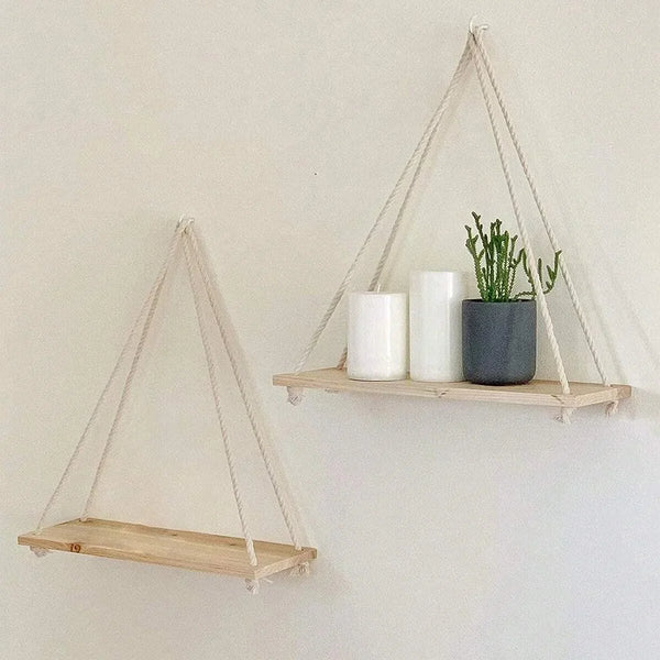 Houten hangplank | Geweven touw wandplank voor planten en decoratie