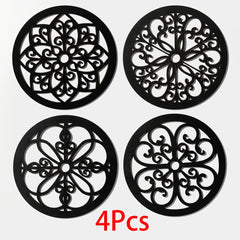 4Pcs Black Wooden Hollow Wall Decor | Boho Carved Designs in Hexagon & Square Shapes