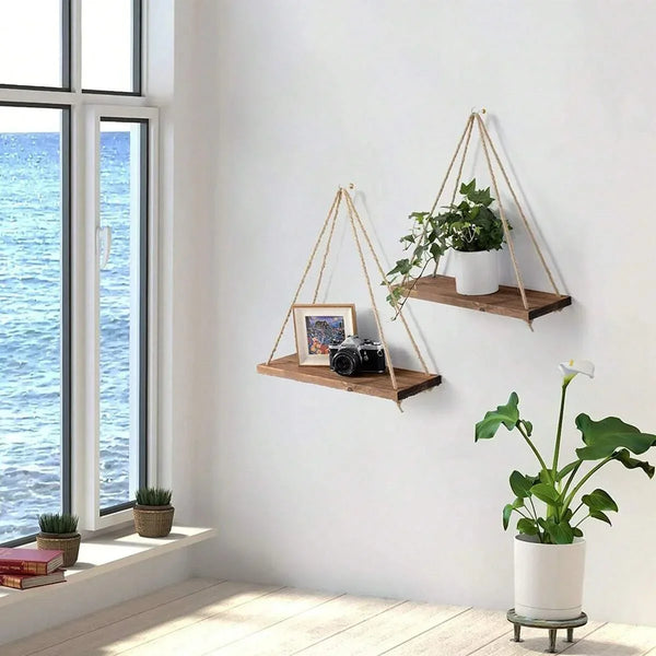 Houten hangplank | Geweven touw wandplank voor planten en decoratie