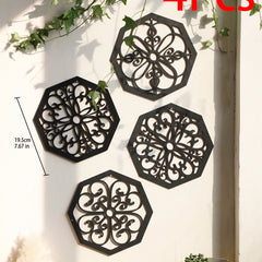 4Pcs Black Wooden Hollow Wall Decor | Boho Carved Designs in Hexagon & Square Shapes