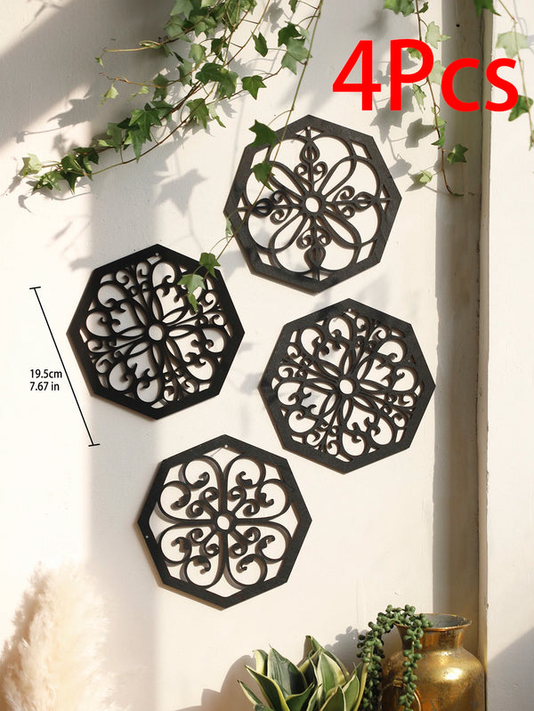 4Pcs Black Wooden Hollow Wall Decor | Boho Carved Designs in Hexagon & Square Shapes