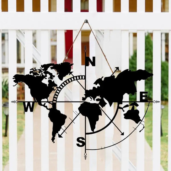 Metal World Map Wall Art | Compass Design Wall Decor