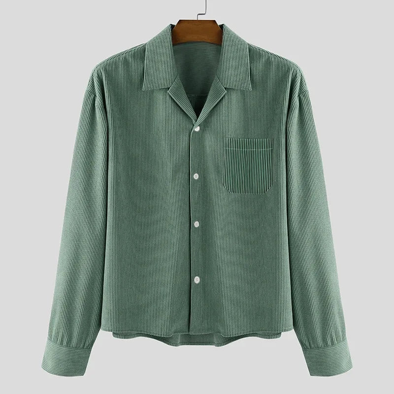 Herfst Mannen Corduroy Cropped Shirts Lange Mouw Effen Kleur Pak Kraag Casual Blouse Amerikaanse Retro Premium Losse Vest Tops