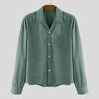 Herfst Mannen Corduroy Cropped Shirts Lange Mouw Effen Kleur Pak Kraag Casual Blouse Amerikaanse Retro Premium Losse Vest Tops