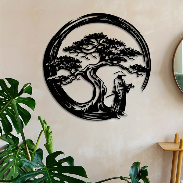 Japanese Bonsai Tree Metal Wall Art | 15.7x15.7 Tori Gate Enso Cutout