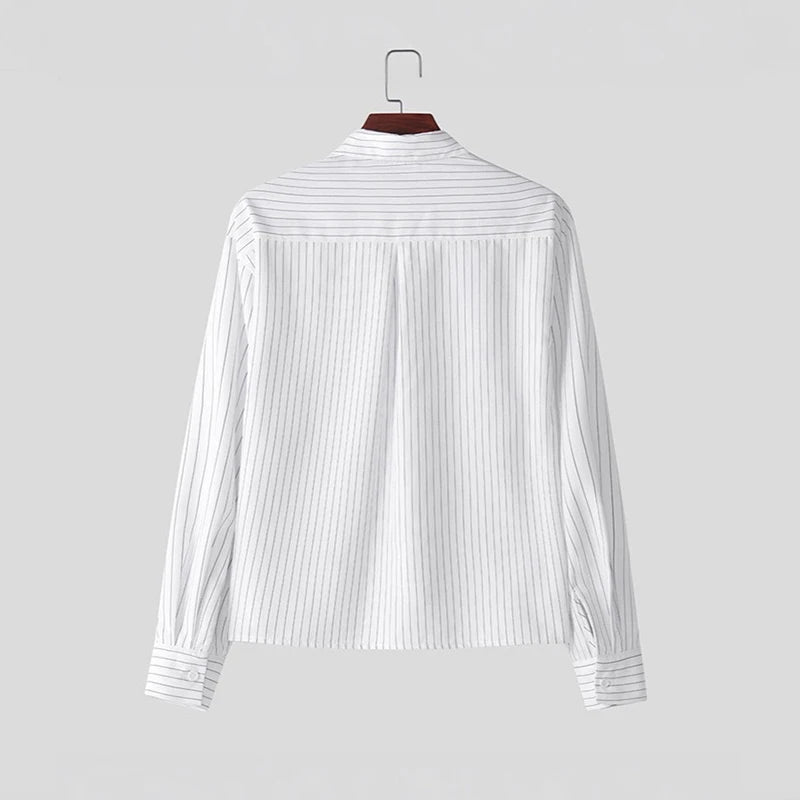 Nieuwe Britse Retro Mannen Gestreepte Shirts Trendy Losse Revers Vest Met Lange Mouwen Tops Herfst Vrije Tijd Hoge Kwaliteit Basic Blouse S-2XL