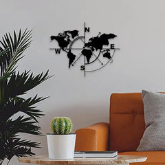 Metal World Map Wall Art | Compass Design Wall Decor