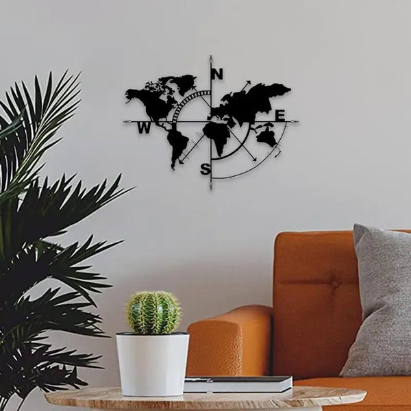 Metal World Map Wall Art | Compass Design Wall Decor