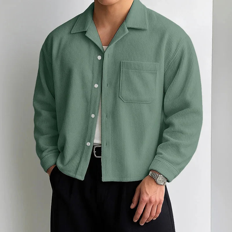 Herfst Mannen Corduroy Cropped Shirts Lange Mouw Effen Kleur Pak Kraag Casual Blouse Amerikaanse Retro Premium Losse Vest Tops