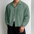 Herfst Mannen Corduroy Cropped Shirts Lange Mouw Effen Kleur Pak Kraag Casual Blouse Amerikaanse Retro Premium Losse Vest Tops