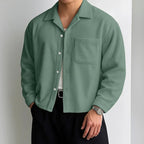 Herfst Mannen Corduroy Cropped Shirts Lange Mouw Effen Kleur Pak Kraag Casual Blouse Amerikaanse Retro Premium Losse Vest Tops